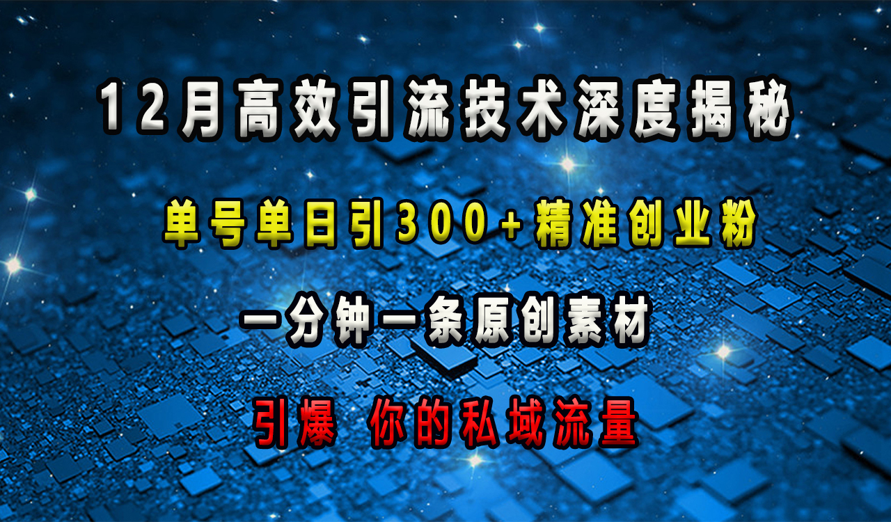 12月高效引流技术深度揭秘 ，单号单日引300+精准创业粉，一分钟一条原创素材，引爆你的私域流量白米粥资源网-汇集全网副业资源白米粥资源网