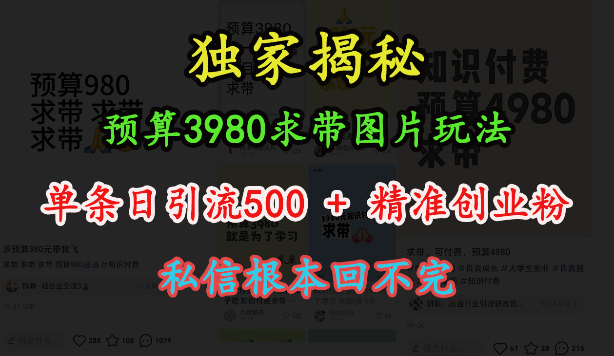 “小红书”预算3980求带 图片玩法，单条日引流500+精准创业粉，私信根本回不完白米粥资源网-汇集全网副业资源白米粥资源网