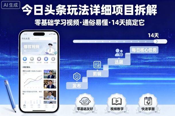 今日头条玩法详细项目拆解，零基础学习视频 通俗易懂 14天搞定它白米粥资源网-汇集全网副业资源白米粥资源网