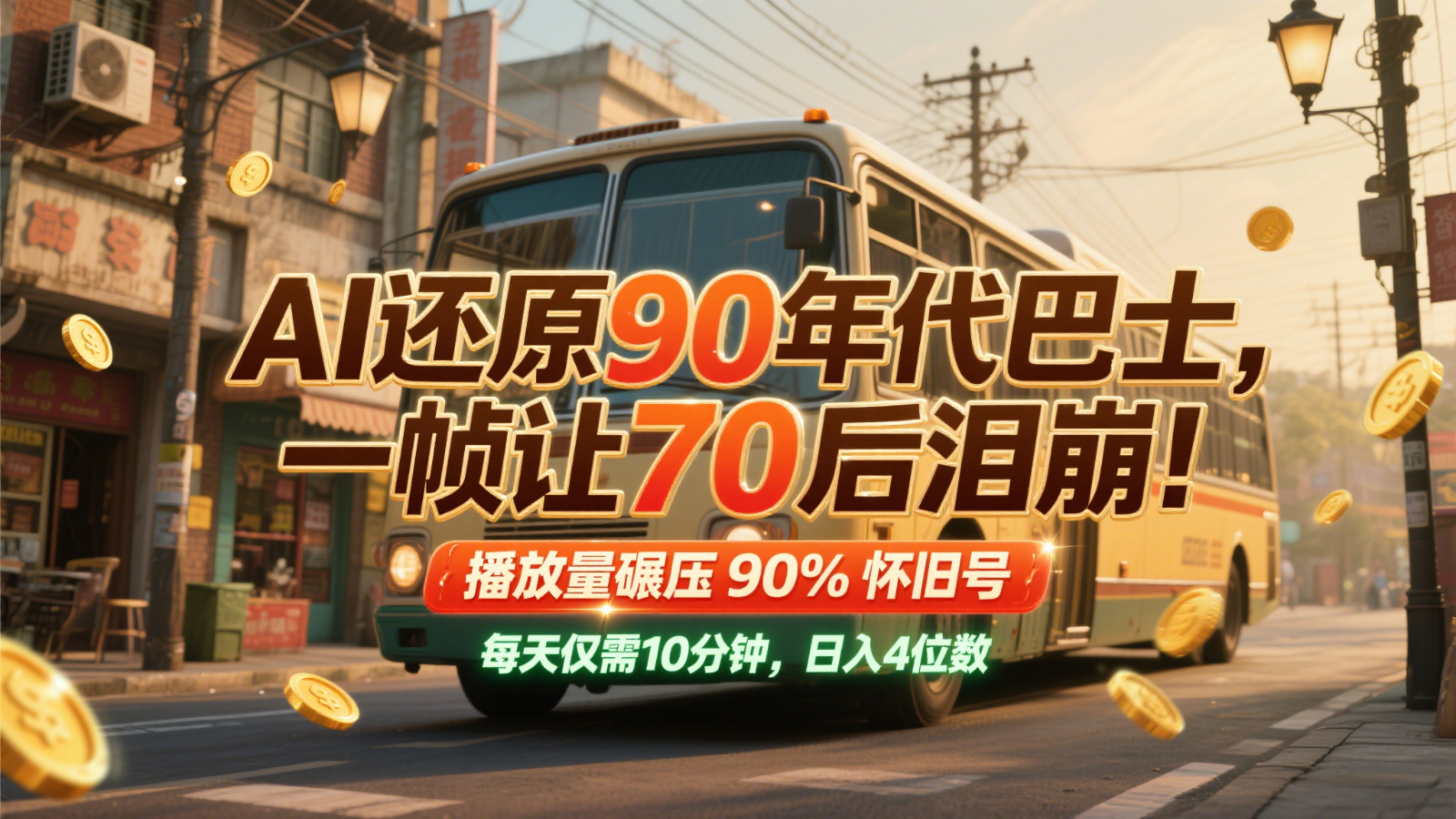 AI还原90年代巴士，一帧让70后泪崩！播放量碾压90%怀旧号，每天10分钟，日入4位数白米粥资源网-汇集全网副业资源白米粥资源网