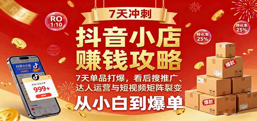 抖音小店赚钱攻略：7天单品打爆技巧，看后搜推广、达人运营与短视频矩阵裂变实战白米粥资源网-汇集全网副业资源白米粥资源网