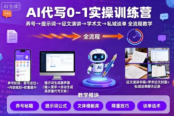AI代写0-1实操训练营，从养号、提示词、征文演讲、学术文，到私域谈单的全流程教学白米粥资源网-汇集全网副业资源白米粥资源网