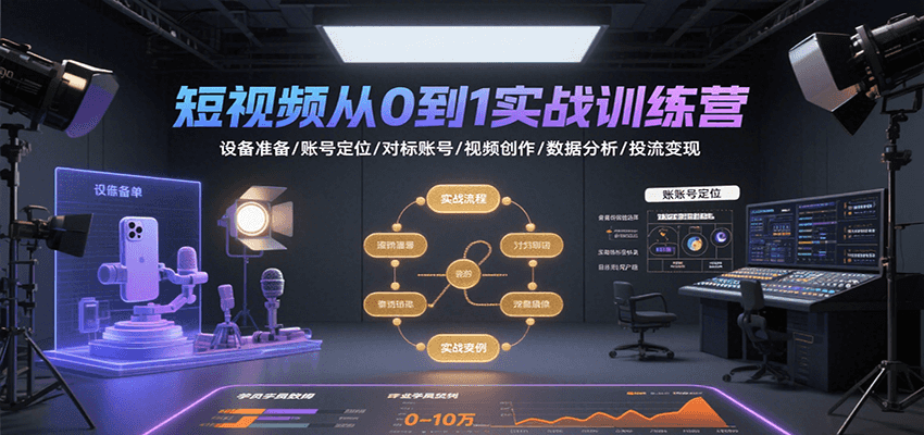 短视频从0到1实战训练营：设备准备/账号定位/对标账号/视频创作/数据分析/投流变现白米粥资源网-汇集全网副业资源白米粥资源网
