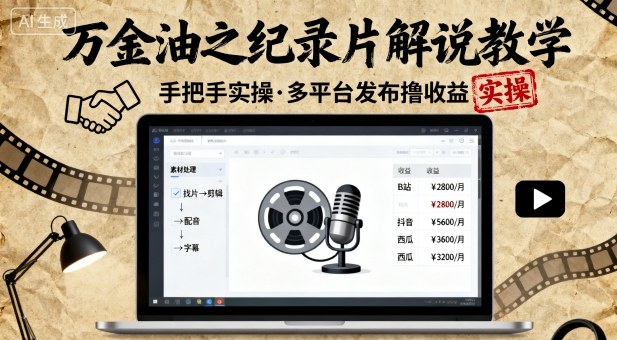 万金油之纪录片解说教学，手把手教你，完全实操，多平台发布撸收益白米粥资源网-汇集全网副业资源白米粥资源网