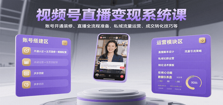 视频号直播变现系统课，账号开通装修、直播全流程准备、私域流量运营、成交转化技巧等白米粥资源网-汇集全网副业资源白米粥资源网
