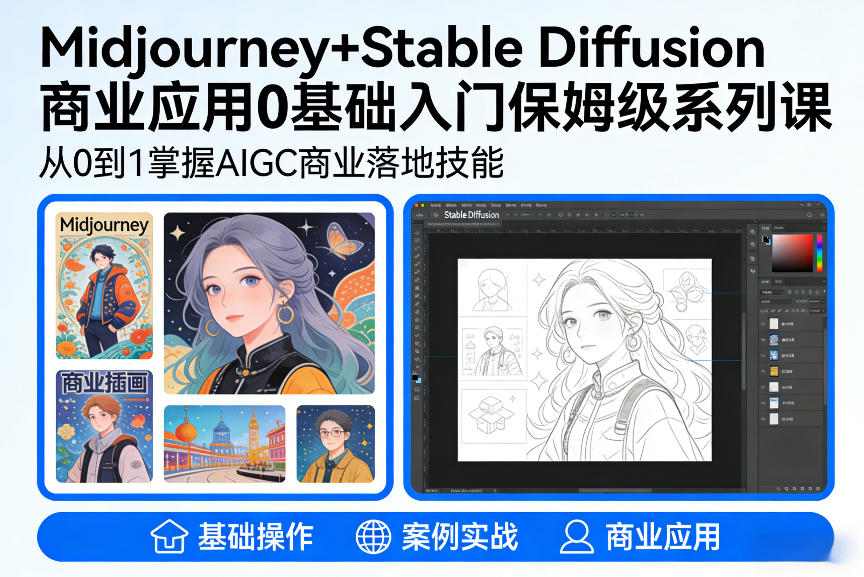 AIGC商业应用Midjourney+Stable Diffusion教程，0基础入门保姆级系列课白米粥资源网-汇集全网副业资源白米粥资源网