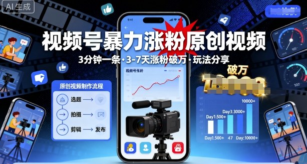 视频号暴力涨粉原创视频，3分钟一条原创视频，3-7天涨粉破万，玩法分享给你白米粥资源网-汇集全网副业资源白米粥资源网