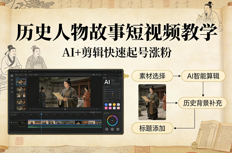 历史人物故事短视频教学，AI+剪辑制作历史人物题材短视频，快速起号涨粉白米粥资源网-汇集全网副业资源白米粥资源网