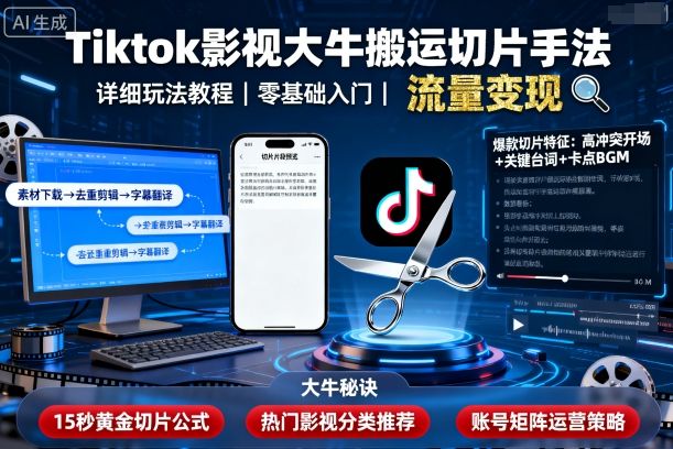 Tiktok影视大牛搬运切片手法，详细玩法教程白米粥资源网-汇集全网副业资源白米粥资源网