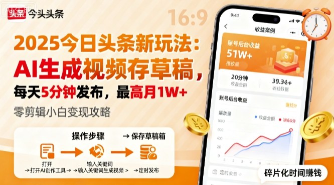 2025年今日头条躺賺新玩法，AI生成视频存草稿，每天5分钟发布，最高月1W+【揭秘】白米粥资源网-汇集全网副业资源白米粥资源网
