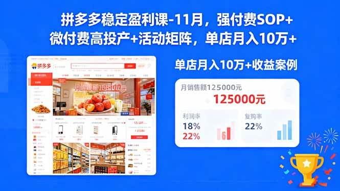 （16473期）拼多多稳定盈利课-11月，强付费SOP+微付费高投产+活动矩阵，单店月入10万+白米粥资源网-汇集全网副业资源白米粥资源网