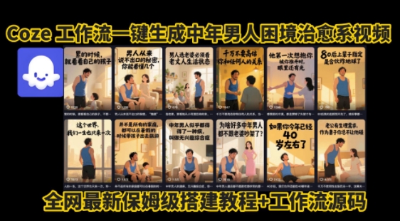 coze工作流一键生成”中年男人困境扎心高涨粉高播放量图文视频”保姆级拆解教程，无需剪辑，无需拍摄写文案白米粥资源网-汇集全网副业资源白米粥资源网