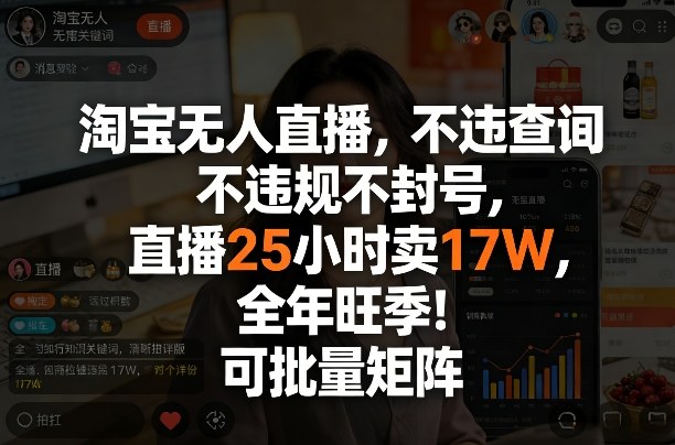 淘宝无人直播，不违规不封号，直播25小时卖17W，全年旺季！可批量矩阵【揭秘】白米粥资源网-汇集全网副业资源白米粥资源网