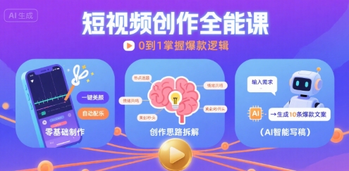 短视频创作课，短视频制作、创作思路、Ai写爆款文案白米粥资源网-汇集全网副业资源白米粥资源网