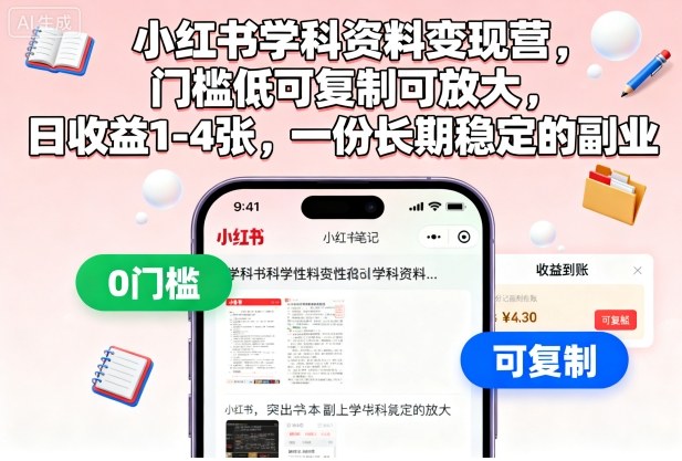 小红书学科资料变现营,门槛低可复制可放大,日收益1-4张,一份长期稳定的副业白米粥资源网-汇集全网副业资源白米粥资源网