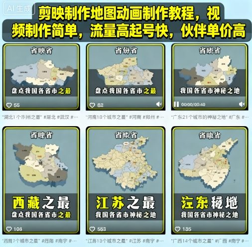 剪映制作地图动画制作教程，视频制作简单，流量高起号快，伙伴单价高白米粥资源网-汇集全网副业资源白米粥资源网