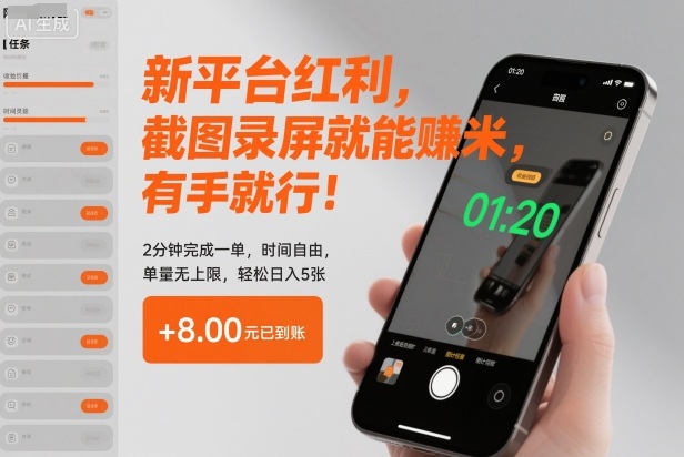 新平台红利，截图录屏就能賺米，有手就行！2分钟完成一单，时间自由，单量无上限，轻松日入5张【揭秘】白米粥资源网-汇集全网副业资源白米粥资源网