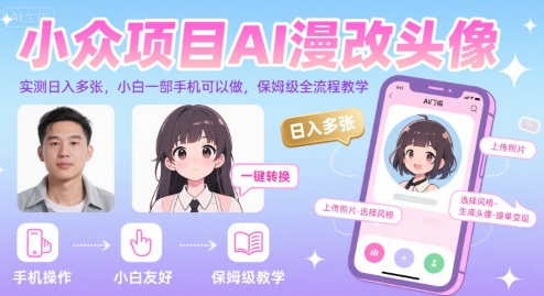 小众项目AI漫改头像，实测日入多张，小白一部手机可以做，保姆级全流程教学白米粥资源网-汇集全网副业资源白米粥资源网