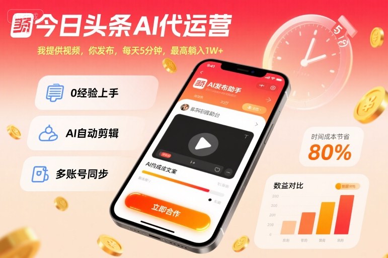 今日头条AI代运营，我提供视频，你发布，每天5分钟，最高躺入1W+【揭秘】白米粥资源网-汇集全网副业资源白米粥资源网