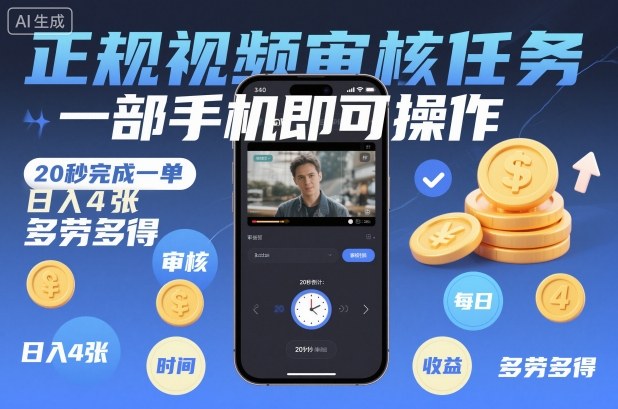 正规视频审核任务，一部手机即可操作，20秒完成一单，日入4张，多劳多得【揭秘】白米粥资源网-汇集全网副业资源白米粥资源网