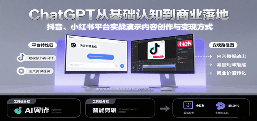 ChatGPT从基础认知到商业落地，实战演示抖音、小红书等平台的内容创作与变现白米粥资源网-汇集全网副业资源白米粥资源网