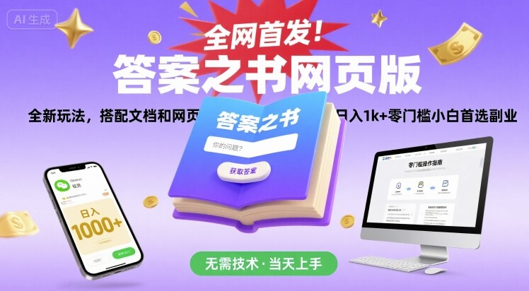 全网首发！答案之书网页版，全新玩法，搭配文档和网页，日入1k+零门槛小白首选副业【揭秘】白米粥资源网-汇集全网副业资源白米粥资源网