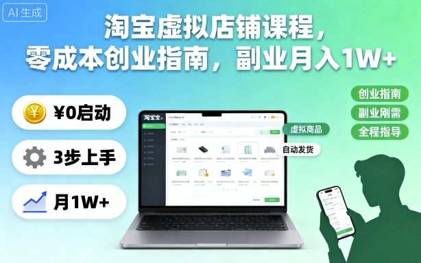 淘宝虚拟店铺课程,零成本创业指南,副业月入1W+白米粥资源网-汇集全网副业资源白米粥资源网