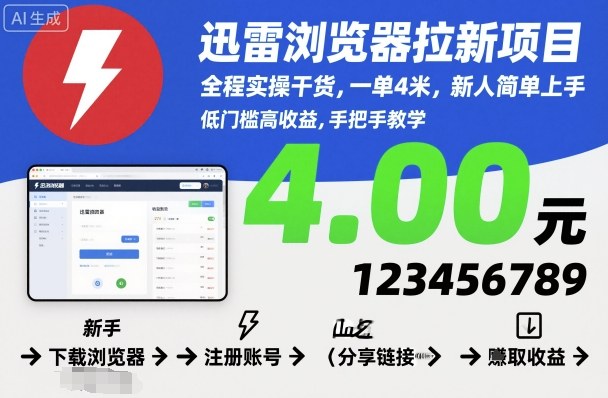 迅雷浏览器拉新项目，全程实操干货，一单4米，新人简单上手白米粥资源网-汇集全网副业资源白米粥资源网