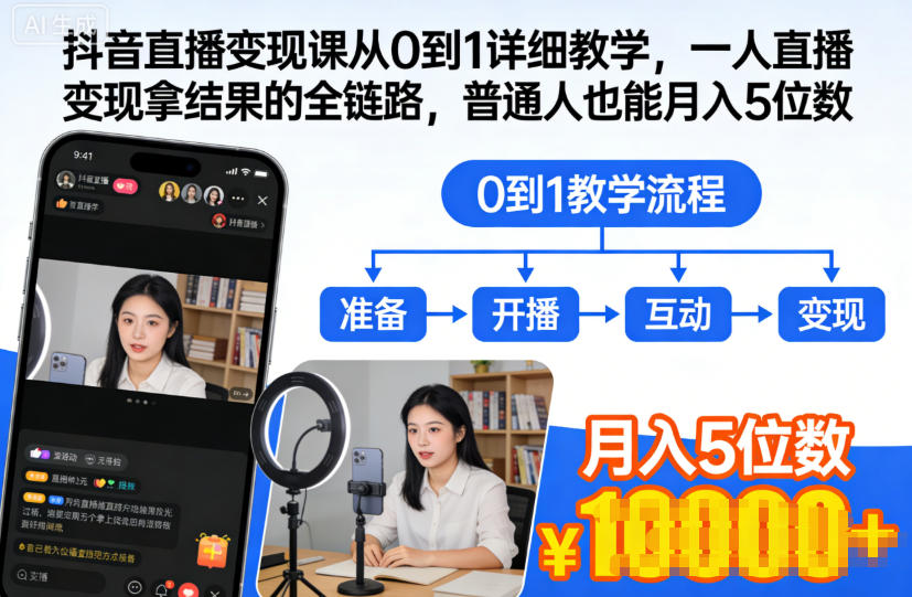 抖音直播变现课从0到1详细教学，一人直播变现拿结果的全链路，普通人也能月入5位数白米粥资源网-汇集全网副业资源白米粥资源网