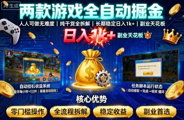 两款游戏全自动掘金，人人可做无难度，纯干货全拆解，长期稳定，日入1k+，副业天花板【揭秘】白米粥资源网-汇集全网副业资源白米粥资源网