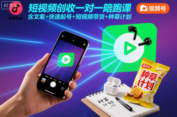 短视频创收一对一陪跑课，含文案+快速起号+短视频带货+种草计划白米粥资源网-汇集全网副业资源白米粥资源网