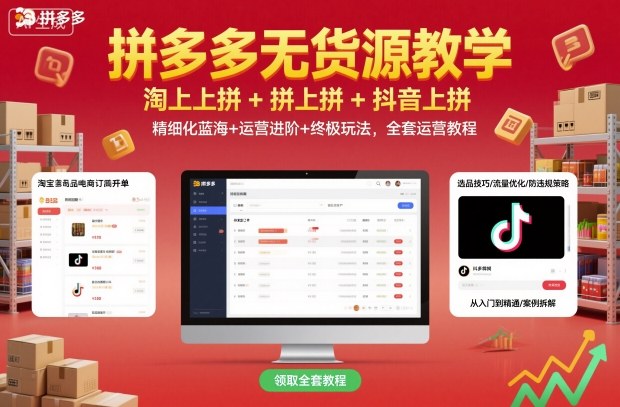 拼多多无货源教学，淘上拼+拼上拼+抖上拼，精细化蓝海+运营进阶+终极玩法，全套运营教程白米粥资源网-汇集全网副业资源白米粥资源网