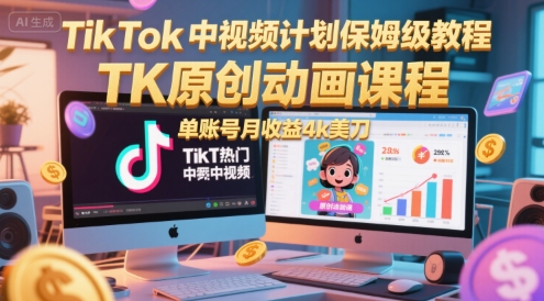 TikTok中视频计划保姆级教程，TK原创动画课程，单账号月收益4k美刀白米粥资源网-汇集全网副业资源白米粥资源网