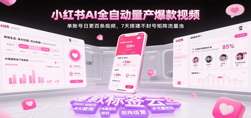小红书AI全自动量产爆款视频，单账号日更百条视频，7天搭建不封号矩阵流量池白米粥资源网-汇集全网副业资源白米粥资源网