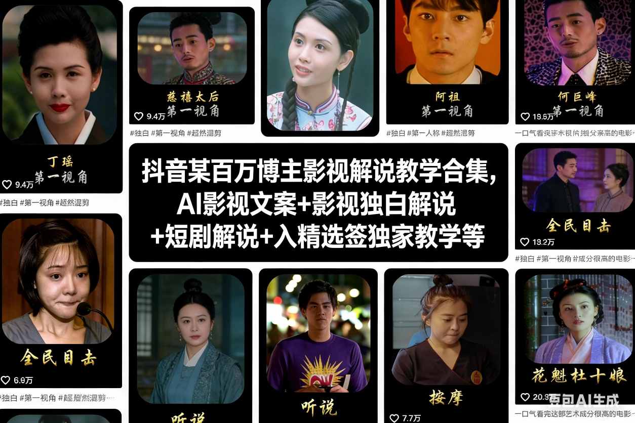 抖音某百万博主影视解说教学合集，AI影视文案+影视独白解说+短剧解说+入精选签独家教学等白米粥资源网-汇集全网副业资源白米粥资源网