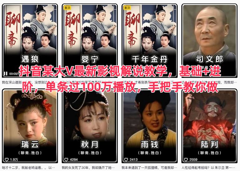 抖音某大V最新影视解说教学,基础+进阶,单条过100万播放,手把手教你做白米粥资源网-汇集全网副业资源白米粥资源网