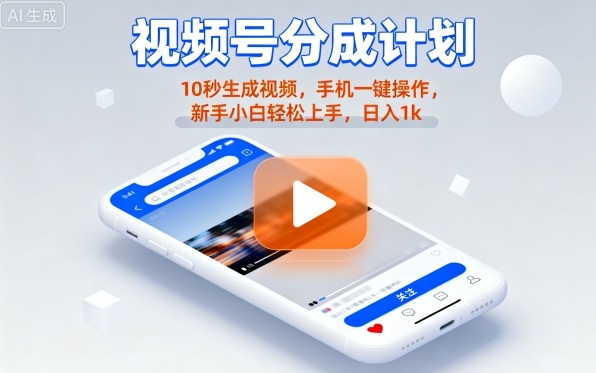 视频号分成计划懒人玩法，10秒生成视频，手机一键操作，新手小白轻松上手，日入1K【揭秘】白米粥资源网-汇集全网副业资源白米粥资源网