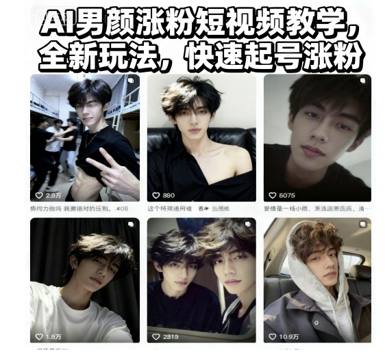 AI男颜涨粉短视频教学，全新玩法，快速起号涨粉白米粥资源网-汇集全网副业资源白米粥资源网