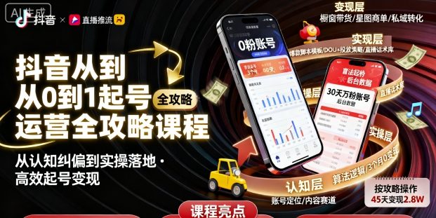 抖音从0到1起号运营全攻略课程，从认知纠偏到实操落地，高效起号变现白米粥资源网-汇集全网副业资源白米粥资源网