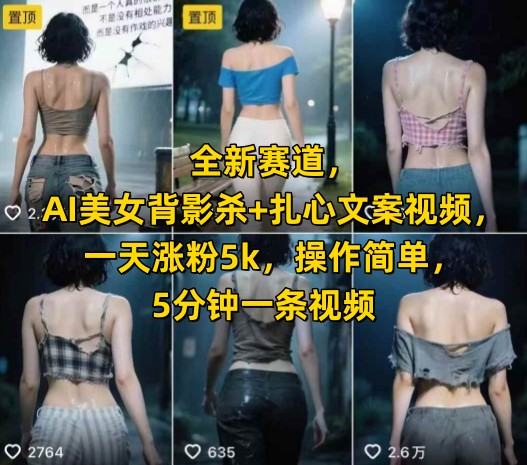 全新赛道，AI美女背影杀+扎心文案视频，一天涨粉5k，操作简单，5分钟一条视频白米粥资源网-汇集全网副业资源白米粥资源网