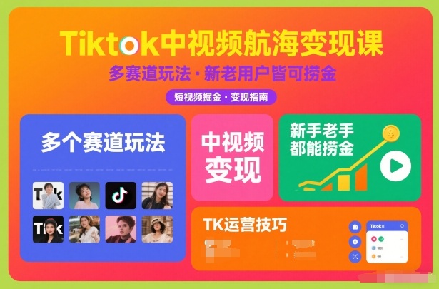 Tiktok中视频航海变现课，多个赛道玩法，新手老手都能在TK中视频捞金白米粥资源网-汇集全网副业资源白米粥资源网
