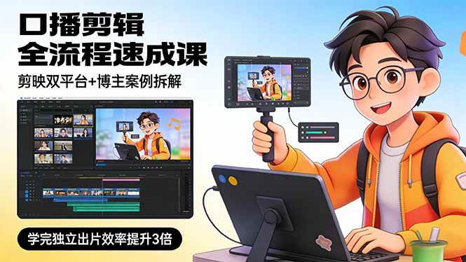 (17420期)口播剪辑全流程速成课,剪映双平台+博主案例拆解,学完独立出片效率提升3倍白米粥资源网-汇集全网副业资源白米粥资源网
