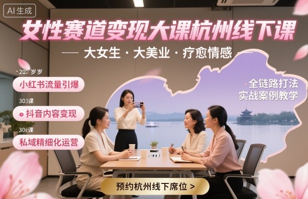 女性赛道变现大课杭州线下，大女生，大美业，疗愈情感，一套小红书、抖音、私域全链路打法白米粥资源网-汇集全网副业资源白米粥资源网