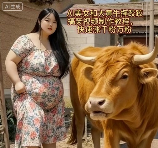 AI美女和大黄牛摔跤搞笑荒诞视频制作教程，快速涨千粉万粉白米粥资源网-汇集全网副业资源白米粥资源网