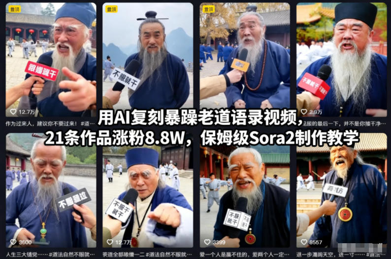 用AI复刻暴躁老道语录视频,21条作品涨粉8.8W,保姆级Sora2制作教学白米粥资源网-汇集全网副业资源白米粥资源网