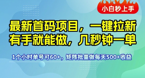 最新首码项目，一键拉新有手就能做，几秒钟一单，1个小时单号可60+，矩阵批量做每天5张【揭秘】白米粥资源网-汇集全网副业资源白米粥资源网