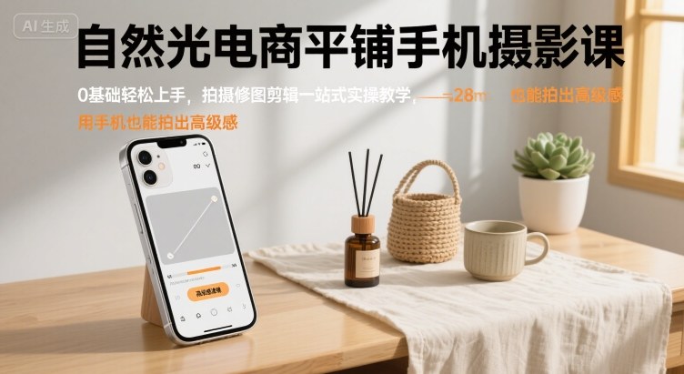 自然光电商平铺手机摄影课，0基础轻松上手，拍摄修图剪辑一站式实操教学，用手机也能拍出高级感白米粥资源网-汇集全网副业资源白米粥资源网