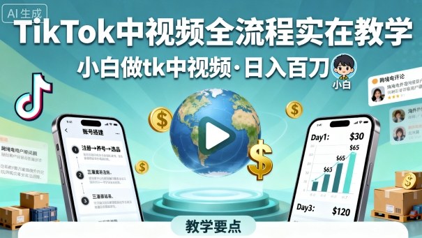 TikTok中视频全流程实操教学，小白做tk中视频，日入百刀白米粥资源网-汇集全网副业资源白米粥资源网