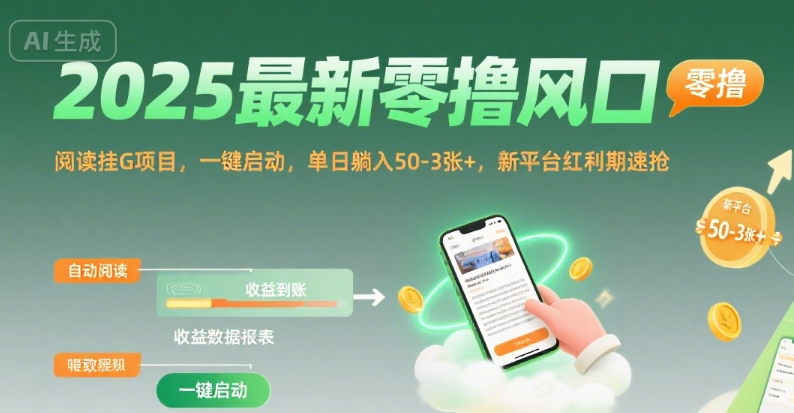 2025最新零撸风口，阅读挂G项目，一键启动，单日躺入 50-3张+，新平台红利期速抢【揭秘】白米粥资源网-汇集全网副业资源白米粥资源网
