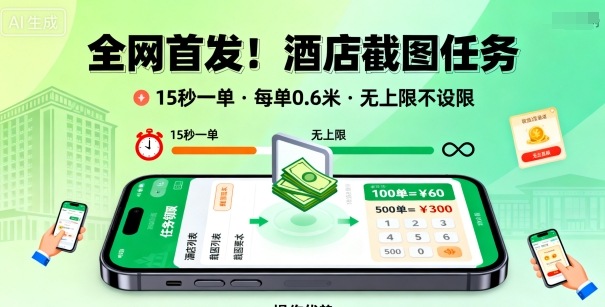 全网首发！酒店截图任务，15秒一单，每单0.6米，任务无上限不设限，矩阵操作单日3张到手【揭秘】白米粥资源网-汇集全网副业资源白米粥资源网